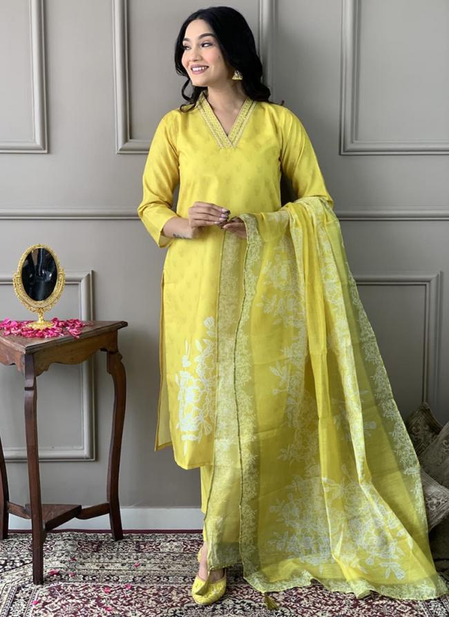 Viscose Rayon Yellow Casual Wear Embroidery Work Readymade Suit